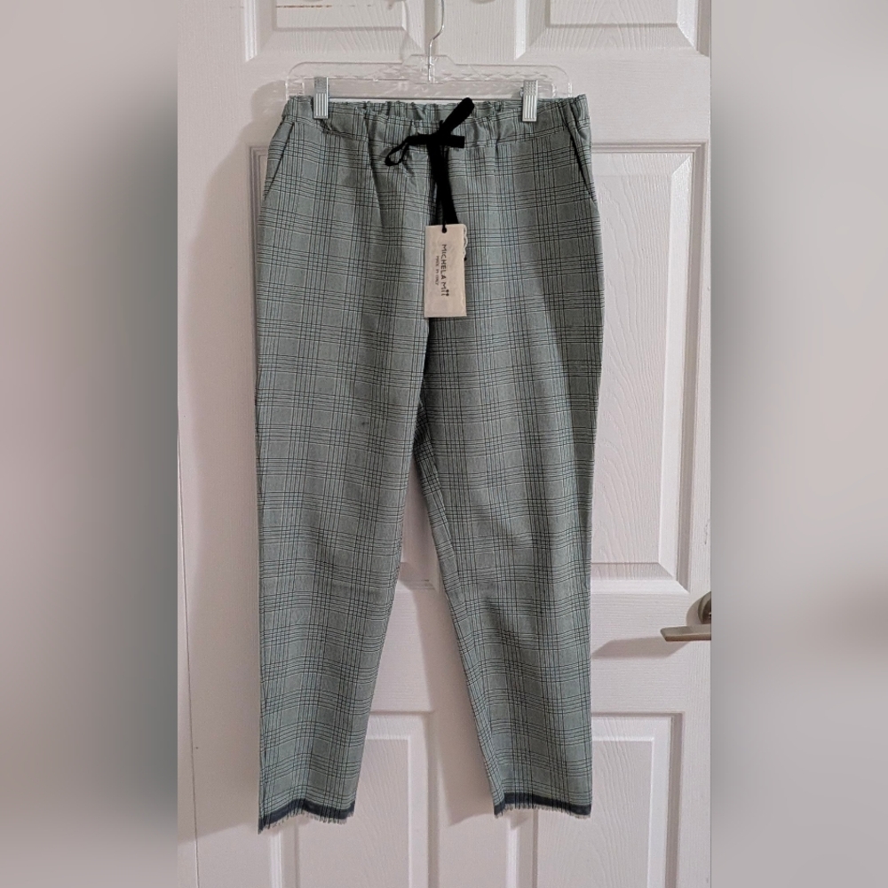 NWT Michela Mii Italy Plaid Tapered Pants Sage Green Preppy  Light Academia - L
